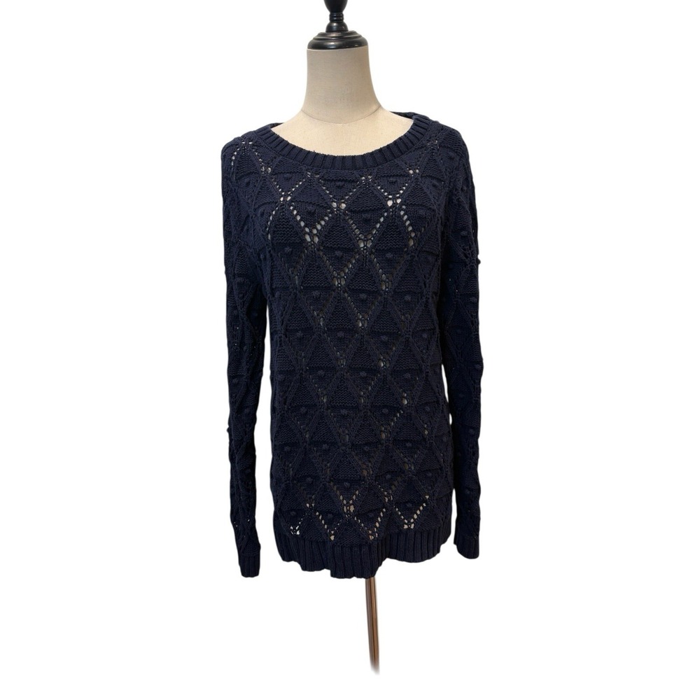 Tommy Hilfiger Women's Open Knit Sweater Blue Pullover Sz L Preppy Fisherman